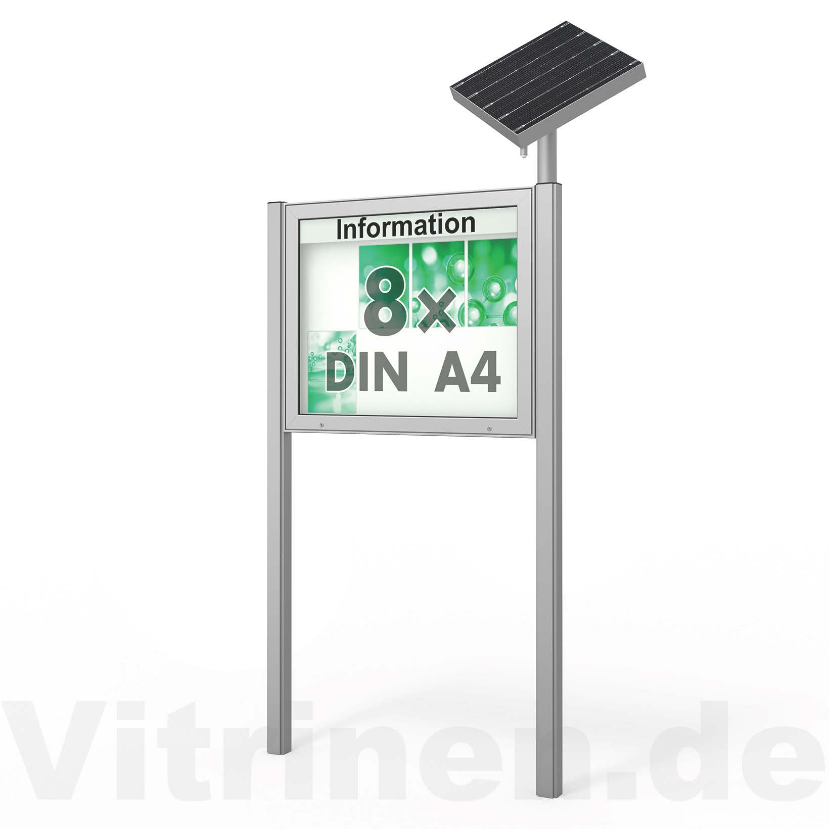 8 x DIN A4 Schaukasten Plenum eckig - der "Klassiker" mit Solar-Modul und Pfosten - Bautiefe 100mm